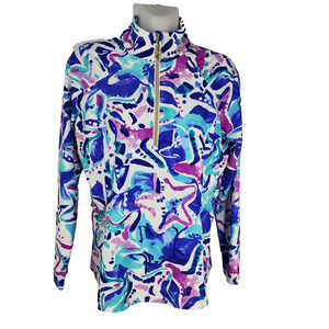 Aryeh Women's Top Small Colorful 1/4 Zip Long Sleeve Pullover Mock Neck Pockets